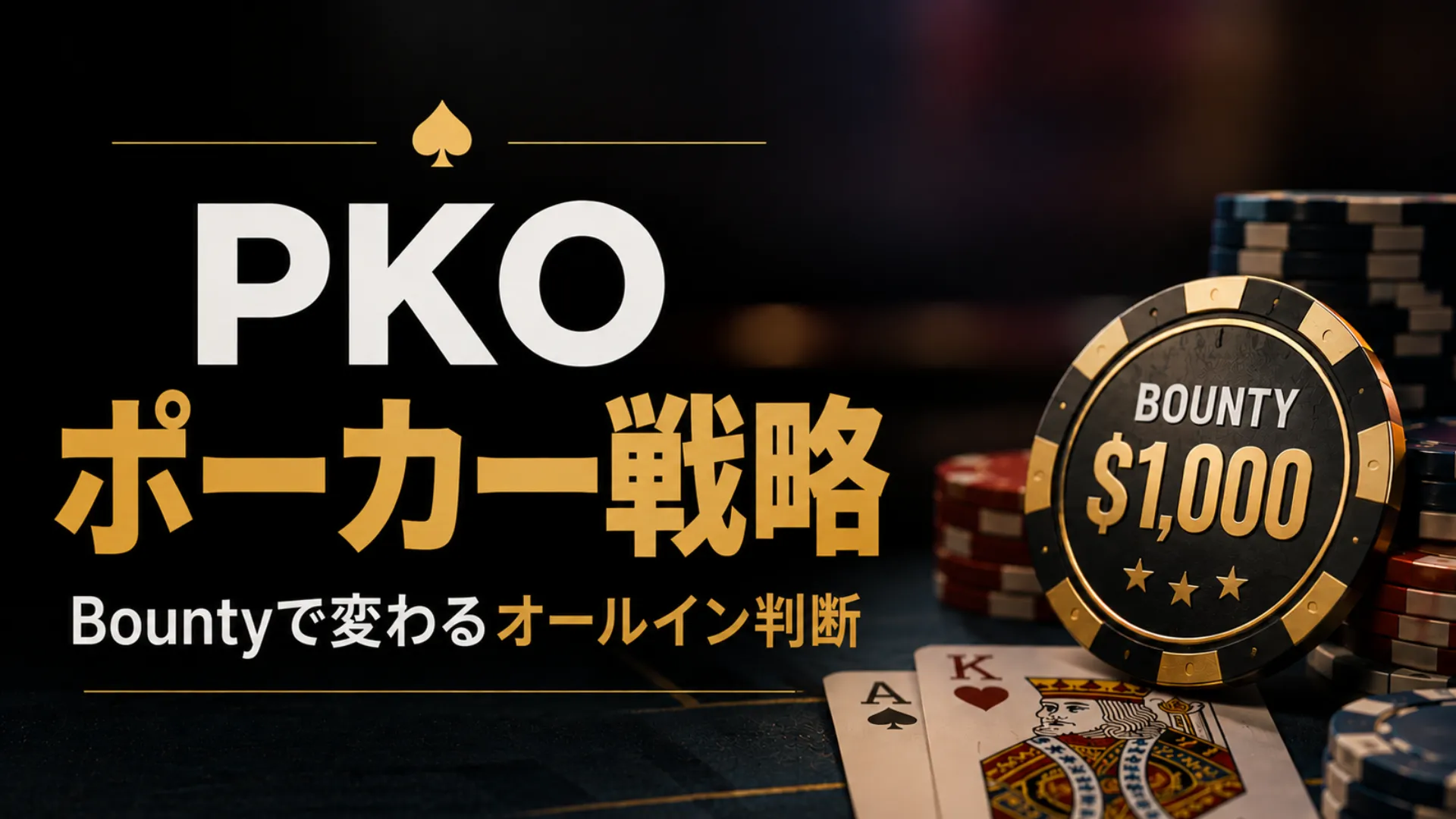 PKOポーカー戦略のカバー画像。BOUNTY $1,000チップ、ポーカーチップ、トランプでBountyがオールイン判断に与える影響を表現