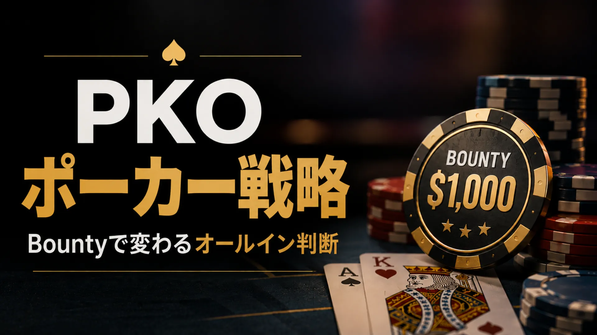 PKOポーカー戦略のカバー画像。BOUNTY $1,000チップ、ポーカーチップ、トランプでBountyがオールイン判断に与える影響を表現
