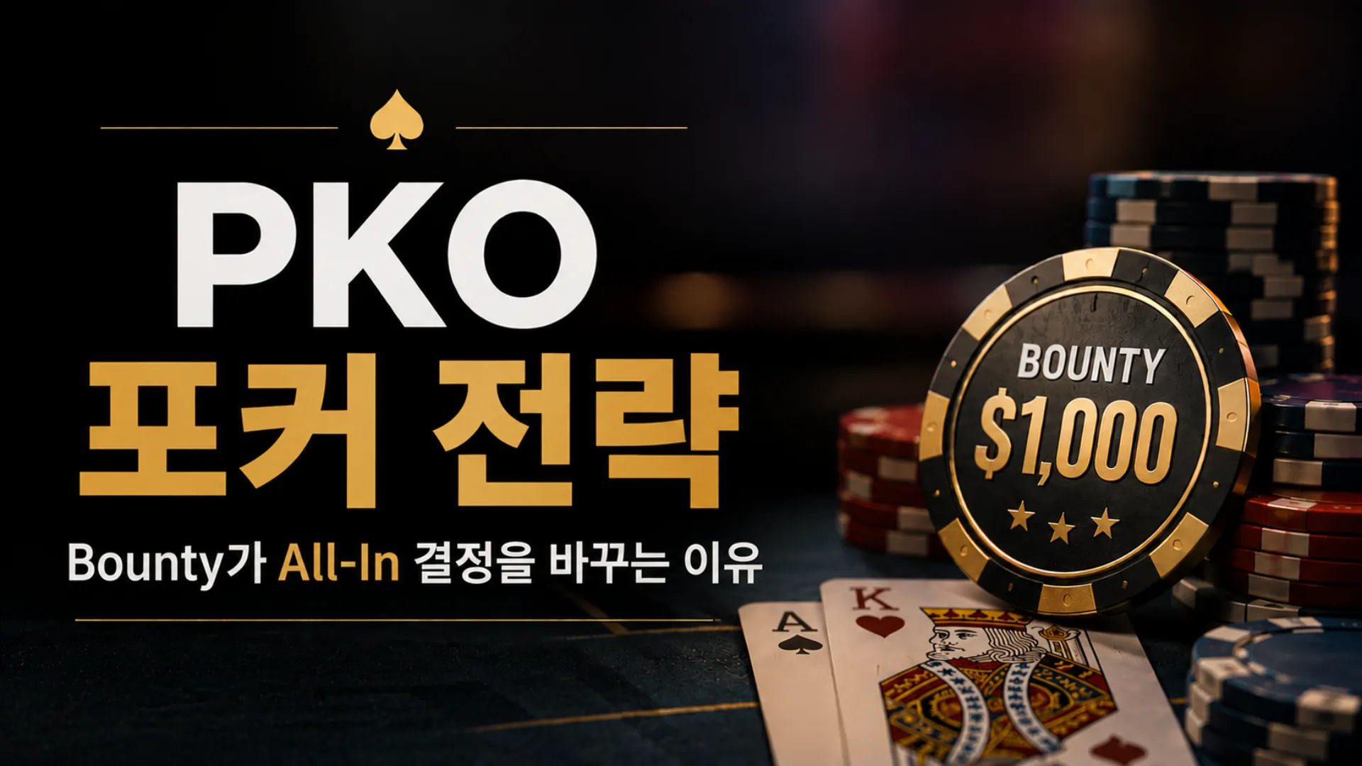 PKO 포커 전략 커버 이미지로, BOUNTY $1,000 칩과 포커 칩, 플레잉 카드를 활용해 Bounty가 All-In 판단에 미치는 영향을 표현
