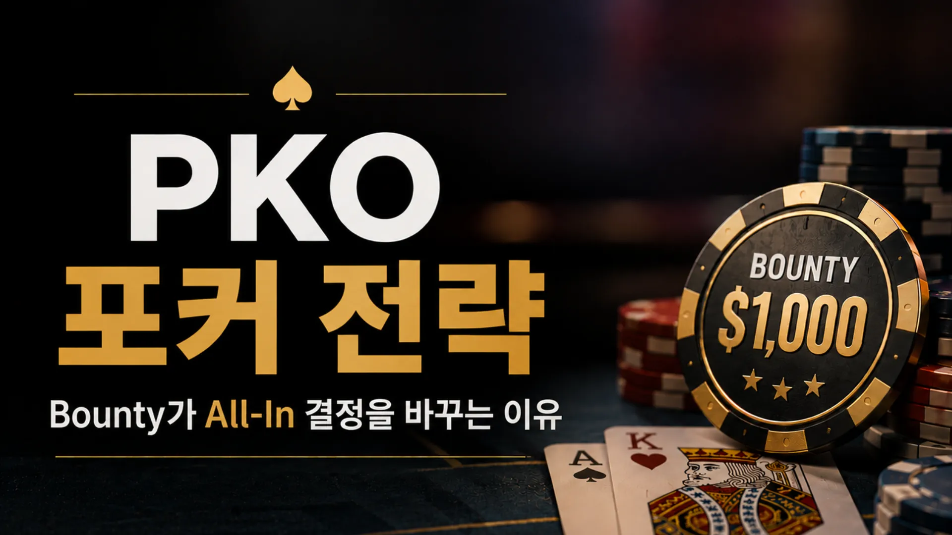PKO 포커 전략 커버 이미지로, BOUNTY $1,000 칩과 포커 칩, 플레잉 카드를 활용해 Bounty가 All-In 판단에 미치는 영향을 표현