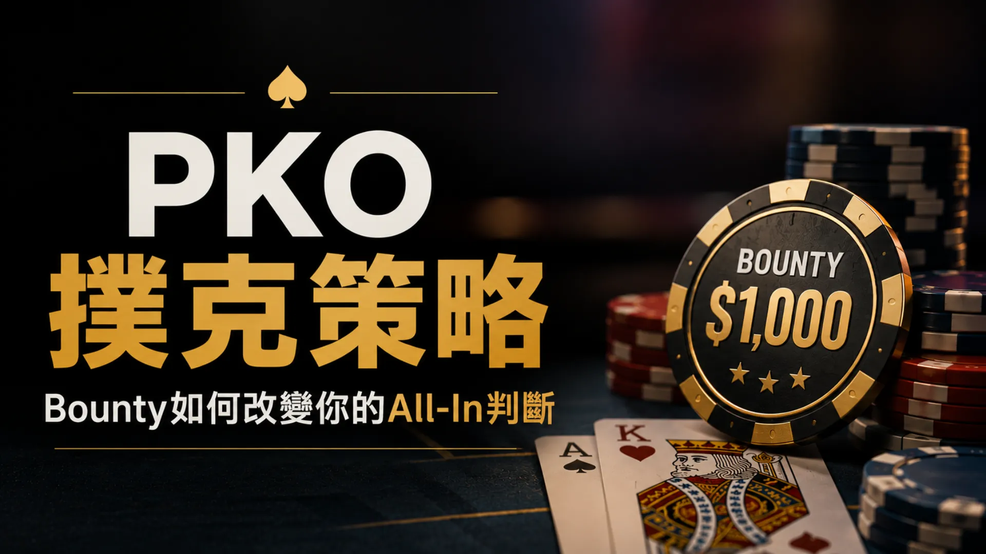PKO撲克策略封面，以BOUNTY $1,000籌碼、撲克籌碼與撲克牌呈現Bounty如何影響All-In判斷