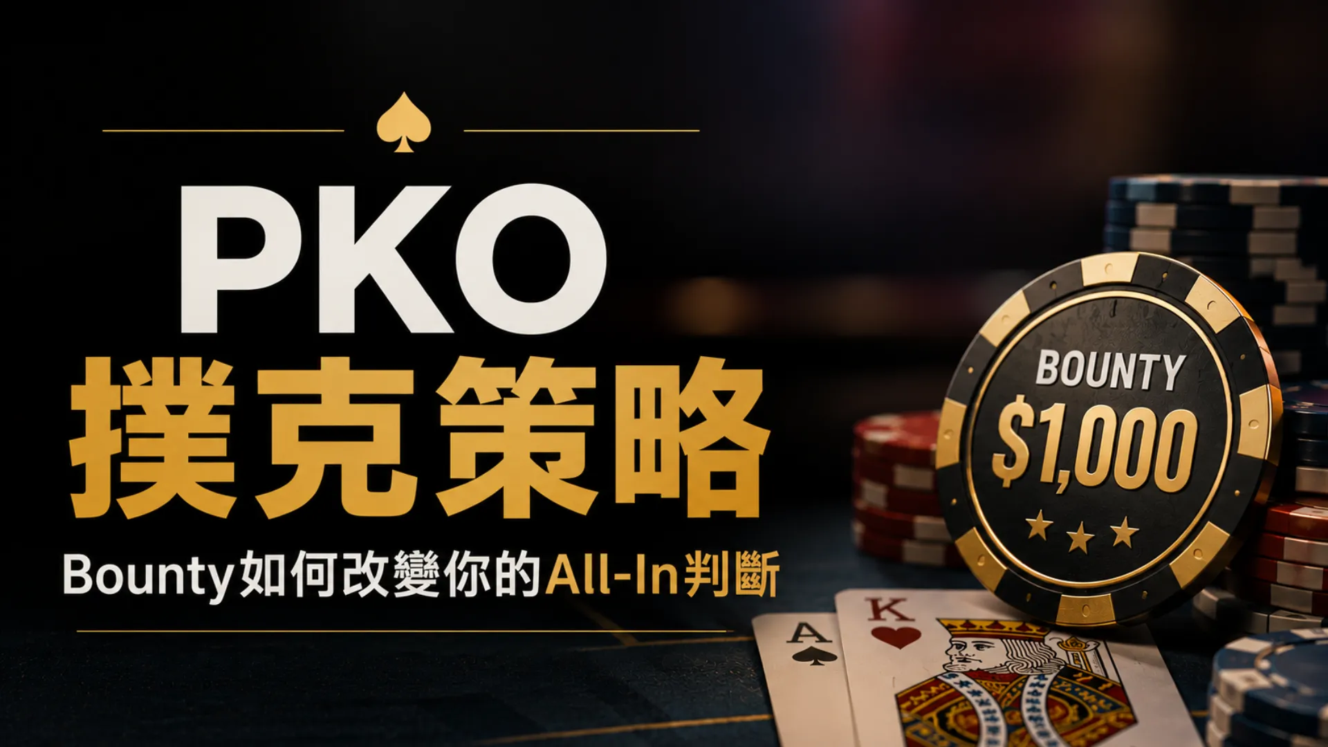 PKO撲克策略封面,以BOUNTY $1,000籌碼、撲克籌碼與撲克牌呈現Bounty如何影響All-In判斷
