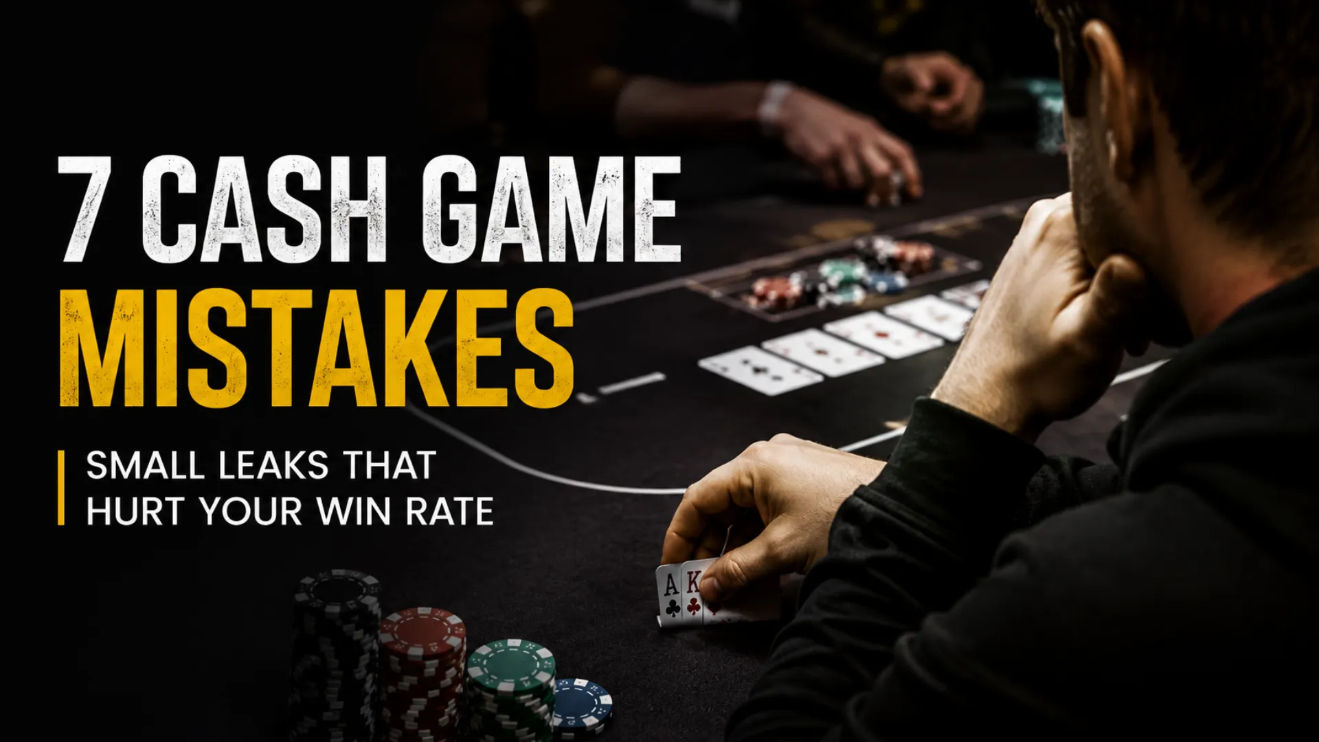 Poker cash game strategy cover showing a player facing a tough table decision, highlighting 7 common cash game mistakes that can hurt win rate