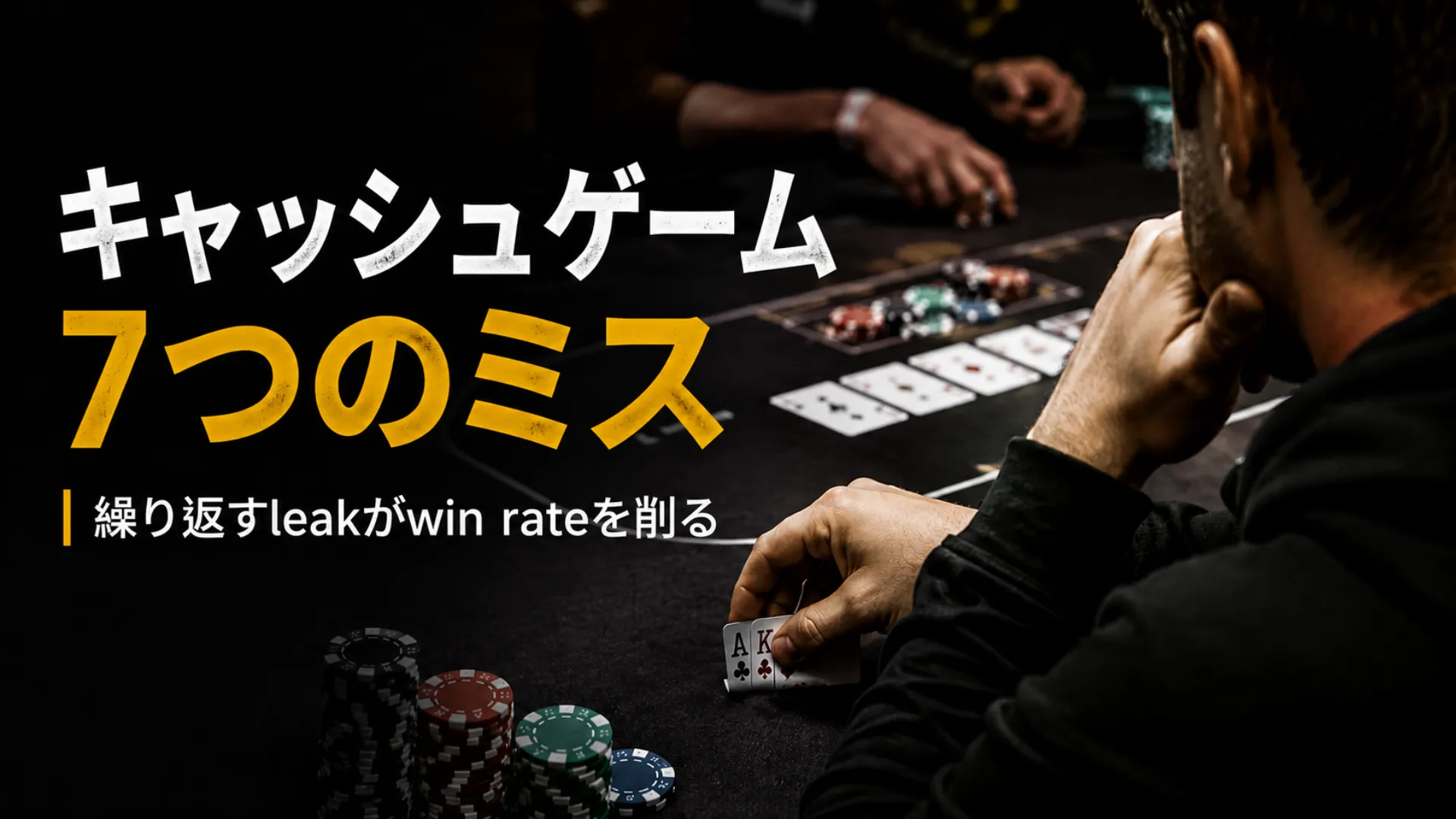 キャッシュゲーム攻略のカバー画像。テーブルで難しい判断に直面するプレイヤーと、win rateを削る7つのよくあるミスを紹介