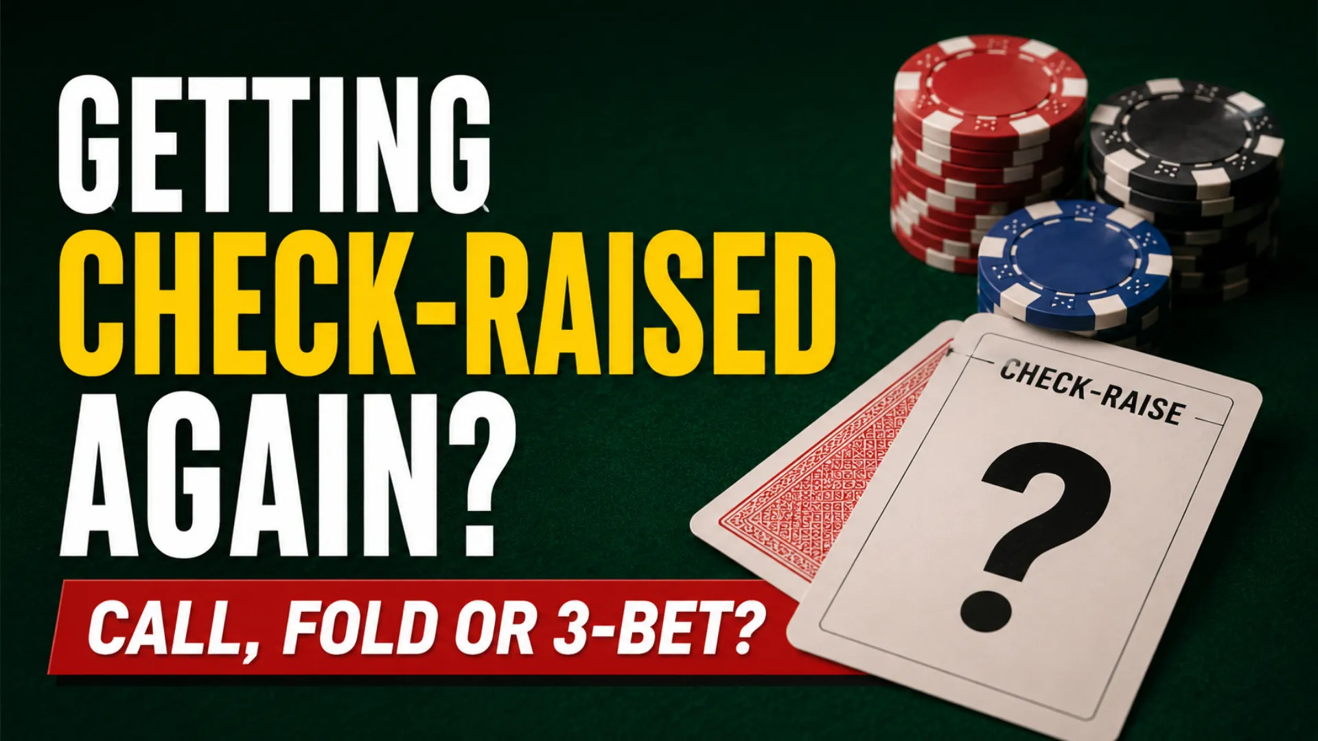Poker check-raise strategy cover showing chips, playing cards and the decision to Call, Fold or 3-Bet against repeated check-raises