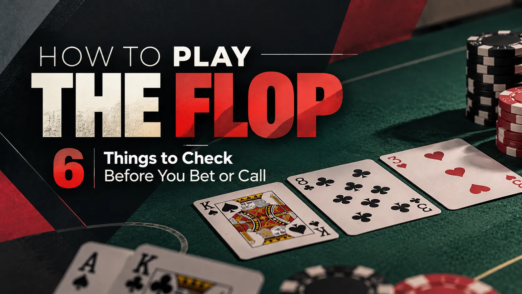 Poker flop strategy cover showing K♠ 8♣ 3♥ on a green poker table with chips and the text “How to Play the Flop”