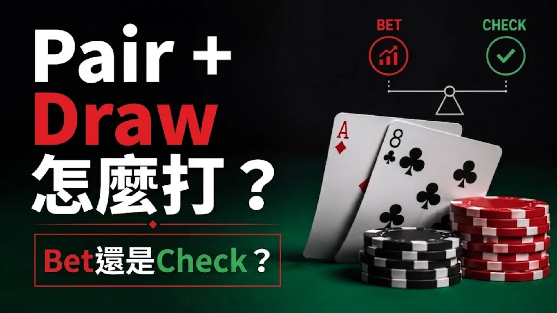 Pair + Draw 策略封面圖，以撲克牌、籌碼與 Bet vs Check 判斷圖呈現下注與過牌決策