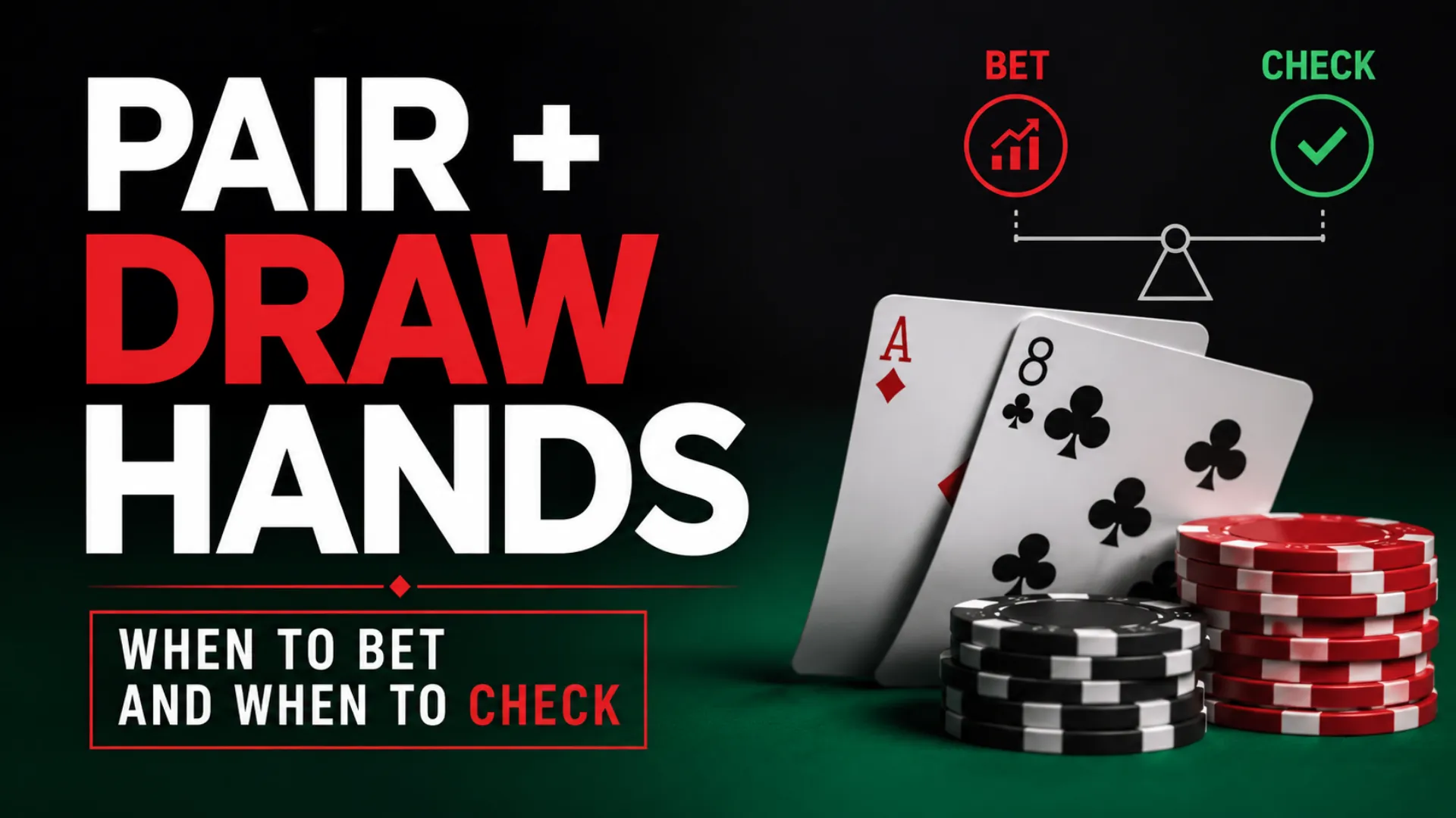 Poker strategy cover showing Pair + Draw Hands with playing cards, poker chips, and a Bet vs Check decision graphic