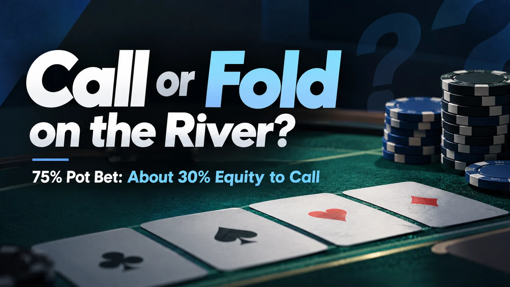 Poker river call or fold cover featuring playing cards, blue and black chip stacks, and the 30% equity needed to call a 75% pot bet.