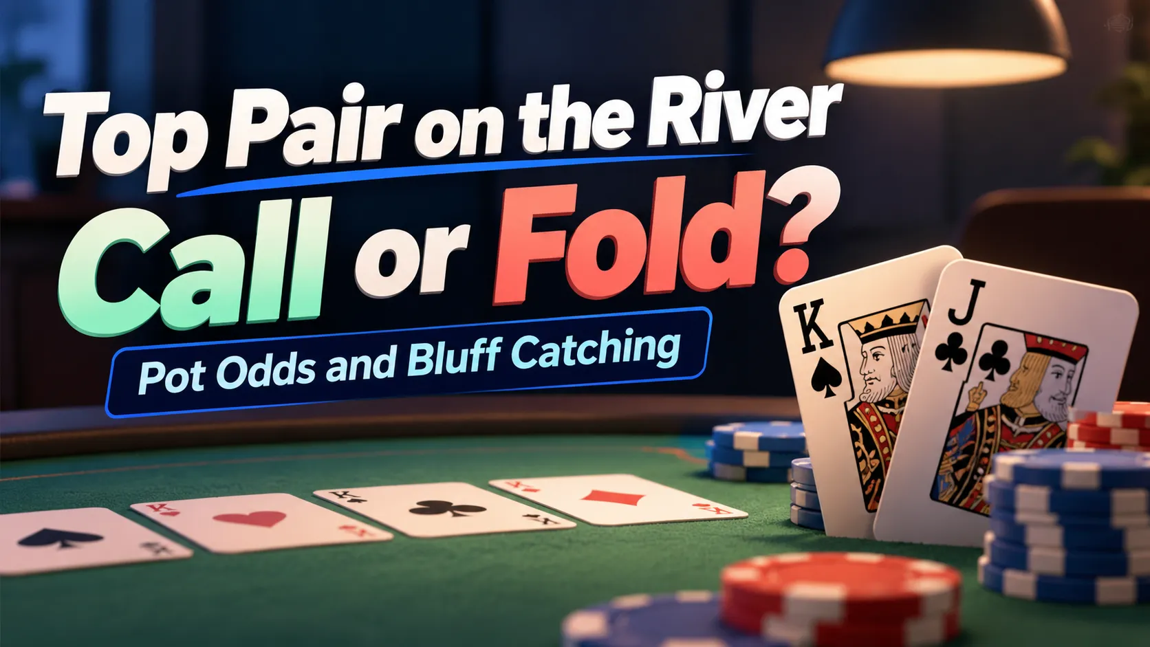 Poker river strategy cover featuring a king and jack, poker chips, and the headline Top Pair on the River, Call or Fold?