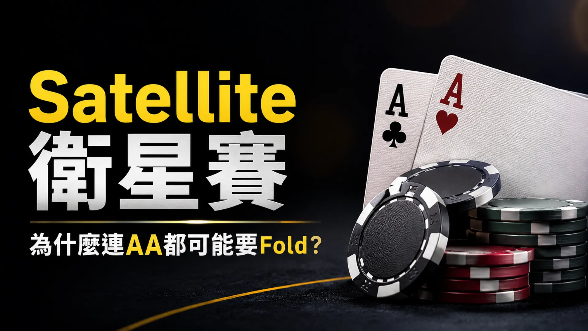 Poker Satellite衛星賽策略封面，以AA與撲克籌碼呈現核心問題：為什麼接近bubble時，連AA都可能需要Fold