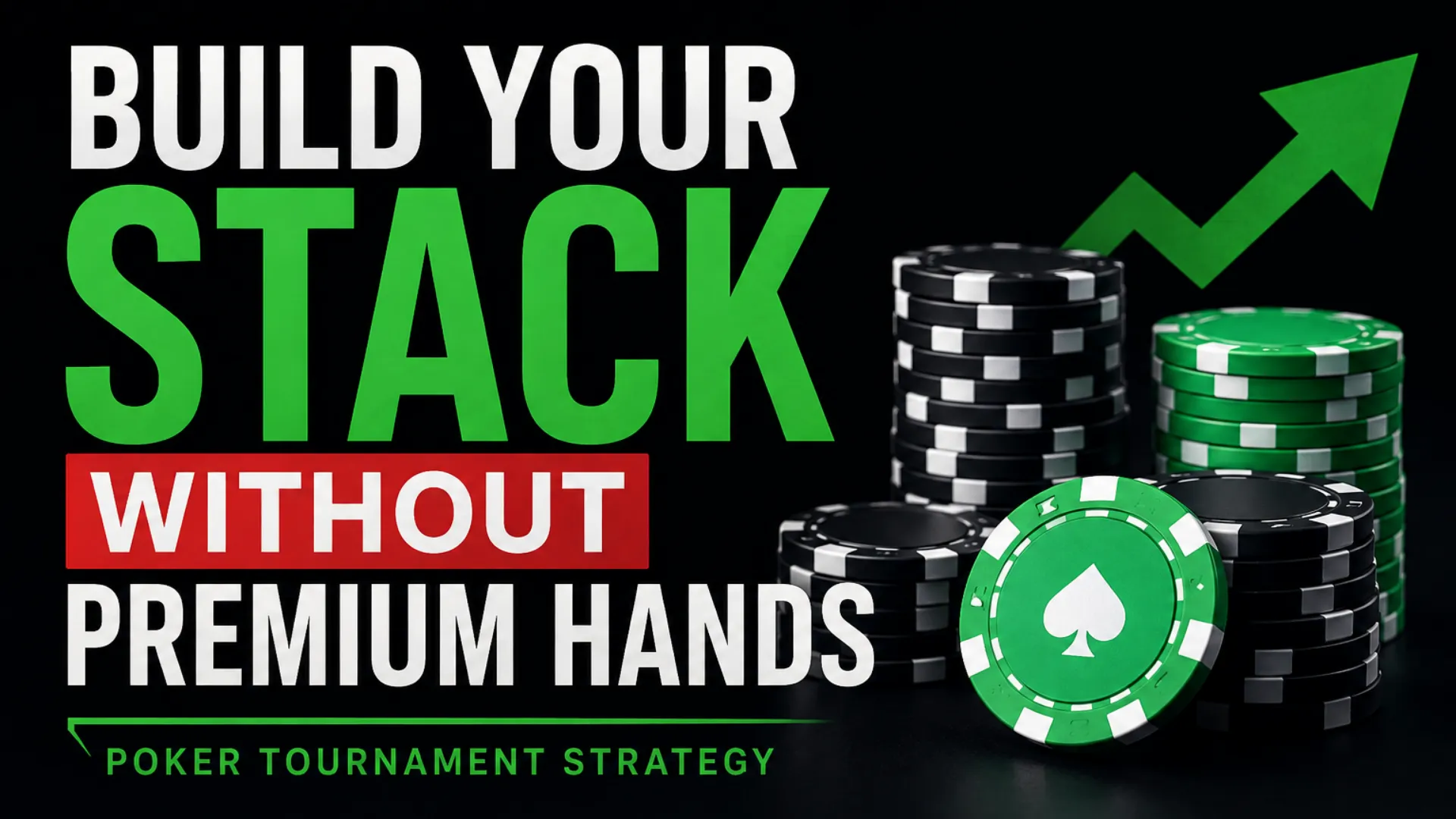 Poker tournament strategy cover with poker chips and rising stack graphic showing how to build a stack without premium hands