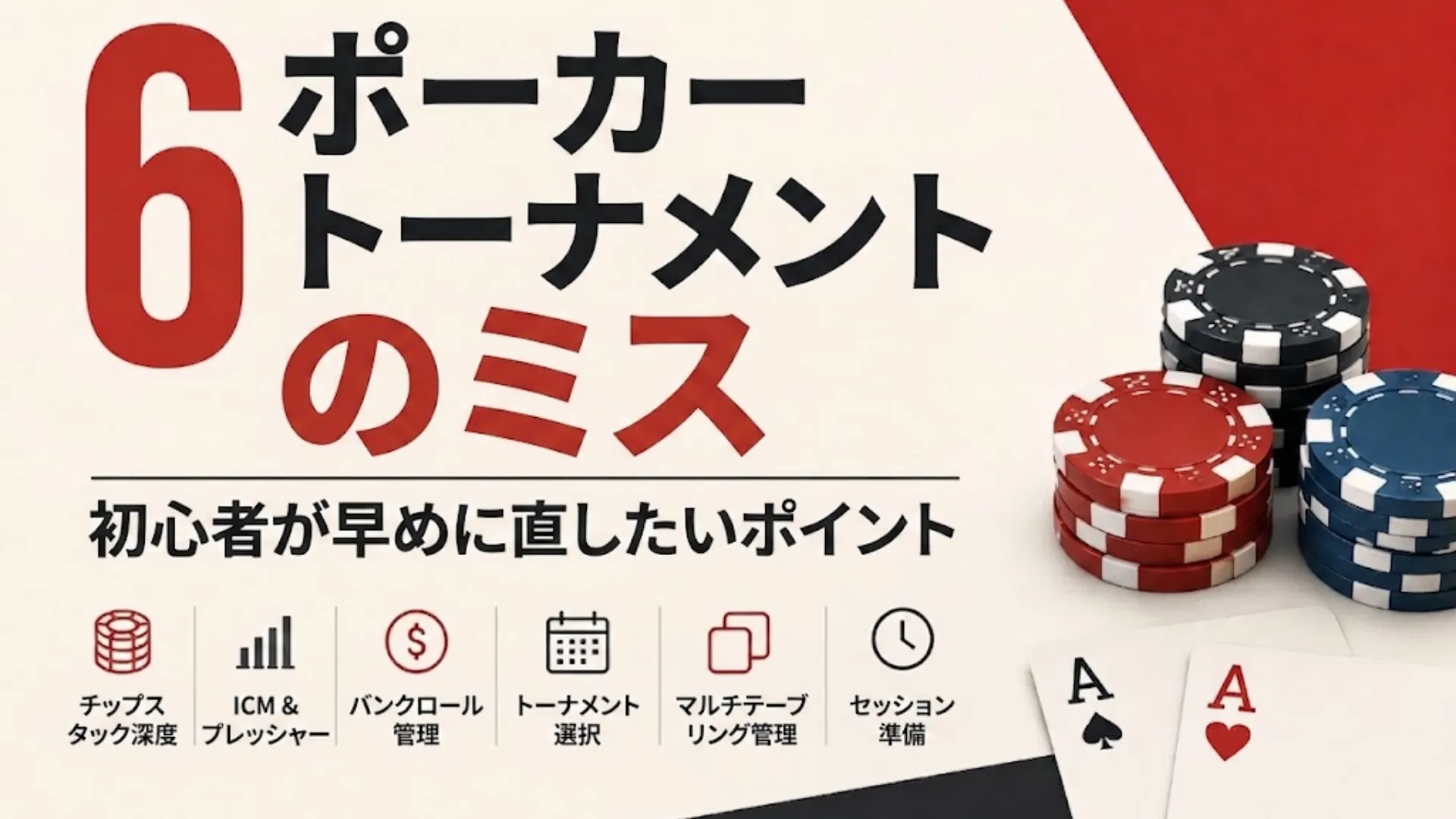 ポーカートーナメント初心者が避けたい6つのミスを紹介する、ポーカーチップとカードを使ったカバー画像