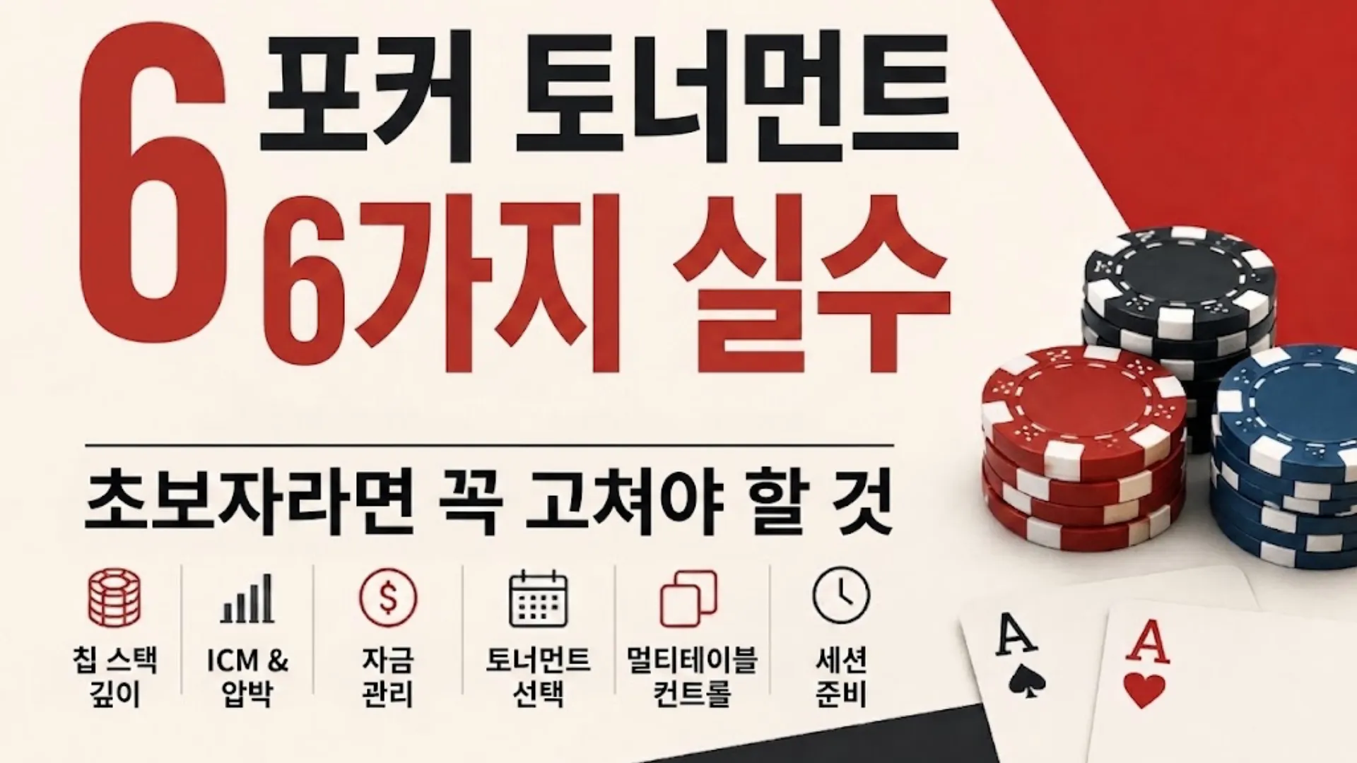 포커 토너먼트 초보자가 피해야 할 6가지 실수를 소개하는 포커 칩과 카드 중심의 커버 이미지
