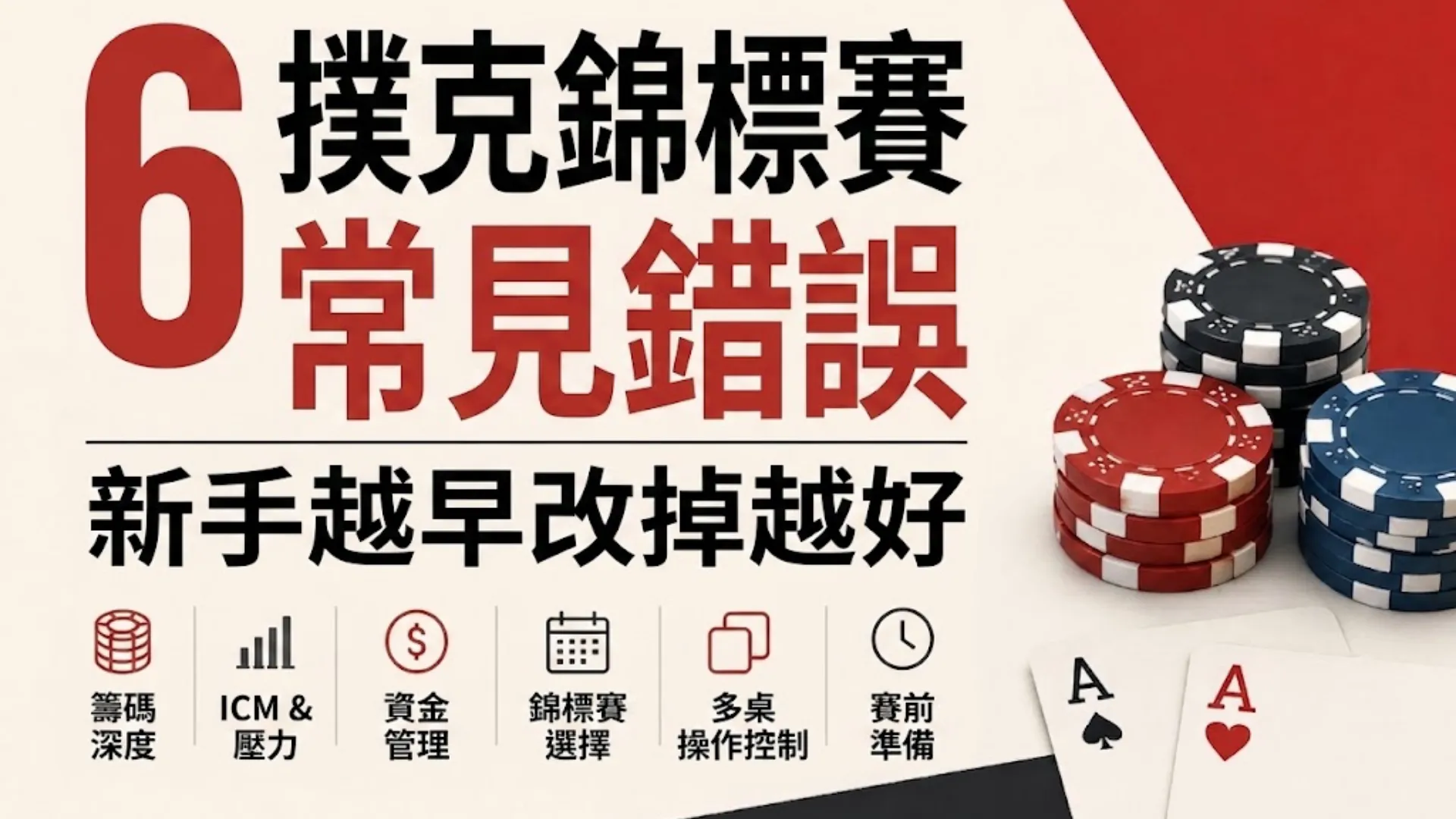 撲克錦標賽新手常見 6 個錯誤封面圖，搭配撲克籌碼與撲克牌視覺