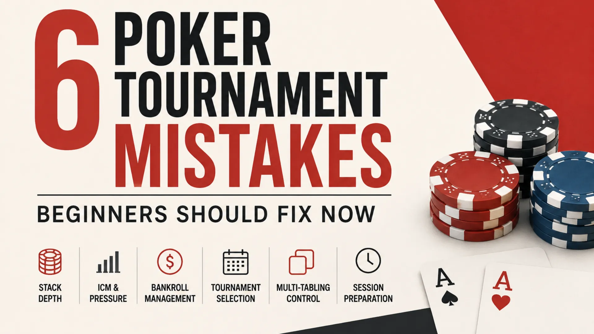 Cover image for 6 poker tournament mistakes beginners should avoid, featuring poker chips and playing cards