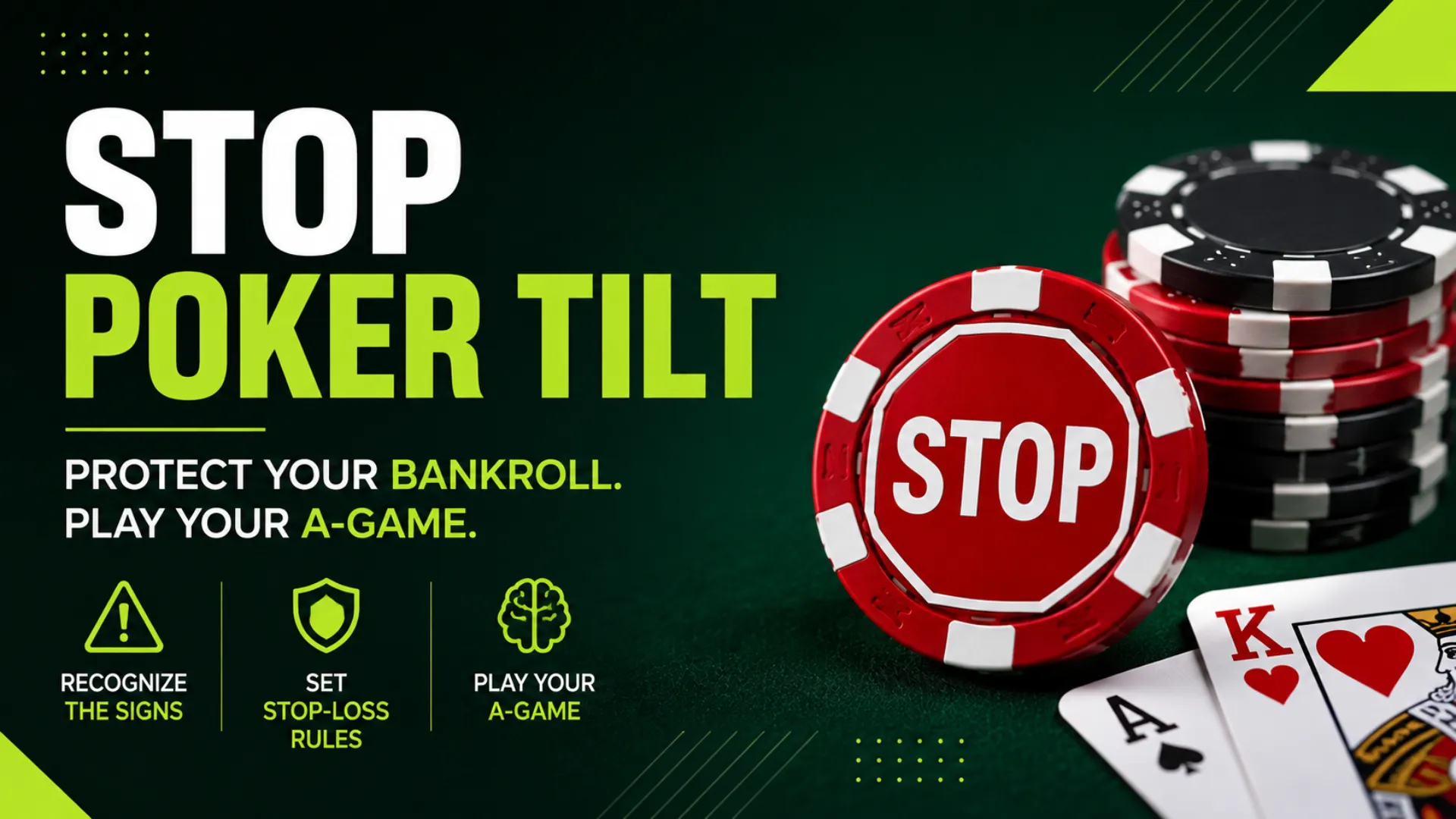 Poker tilt and stop-loss strategy graphic with STOP poker chip, bankroll protection tips and A-game reminders by PokerOffer