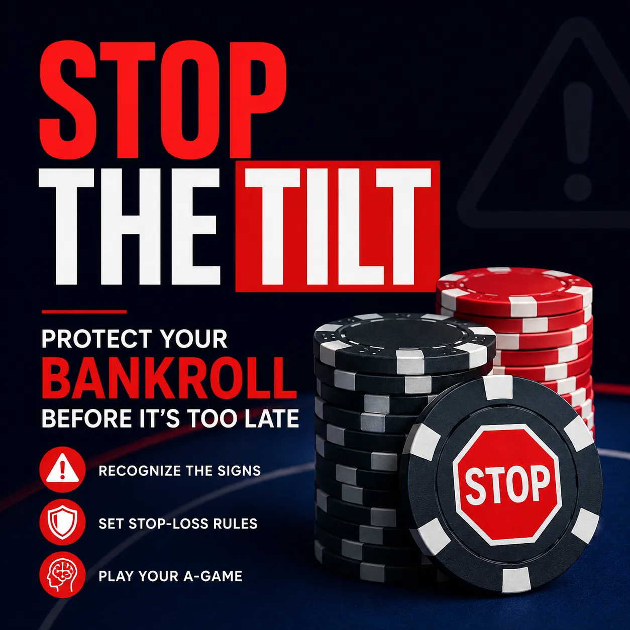 Poker tilt cover image with STOP poker chip, bankroll protection message, stop-loss rules and A-game reminders by PokerOffer