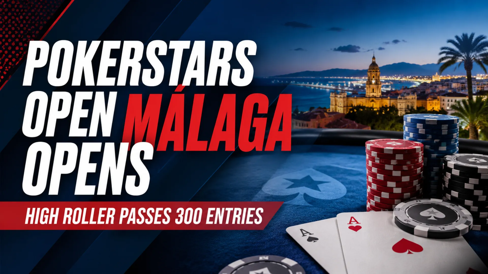 PokerStars Open Málaga 2026 cover image showing a Málaga-style coastal night scene, poker chips, cards, and High Roller passing 300 entries