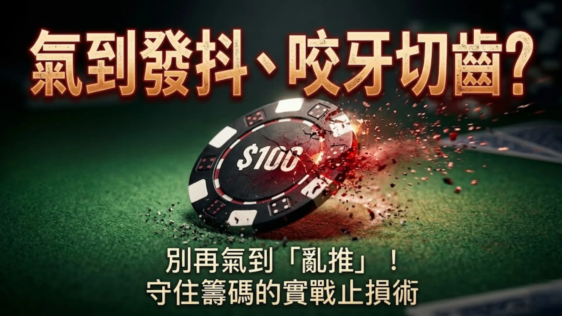 特寫攝影，捕捉綠色撲克桌上一個 $100 的黑色撲克籌碼破碎崩潰的動態瞬間，象徵撲克玩家情緒失控的上頭 (tilt) 和資金崩潰。