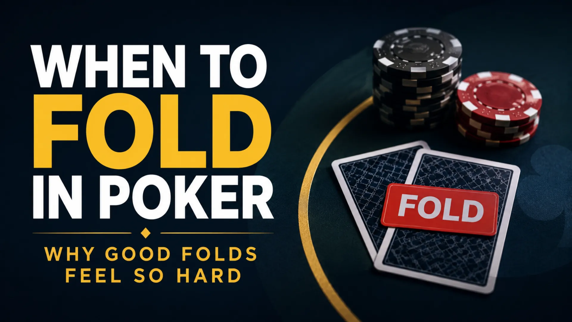 Poker folding strategy cover showing a Fold decision with poker chips, face-down cards, and the title “When to Fold in Poker”