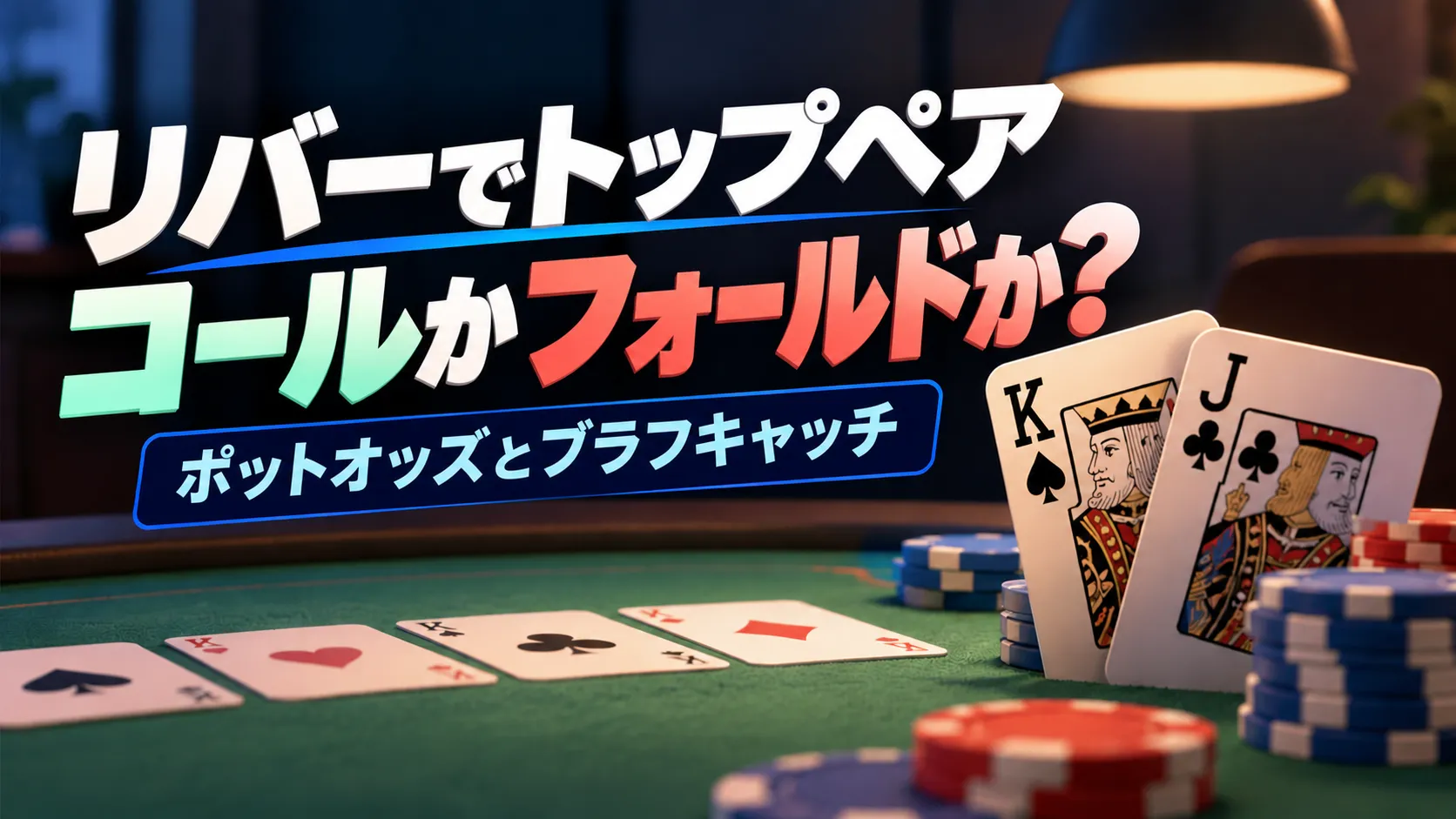 リバーのトップペアでコールかフォールドかを考えるポーカー戦略のカバー画像。KとJのカード、チップを配置