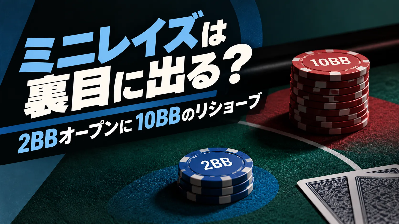 ポーカートーナメントのミニレイズ戦略を紹介するカバー画像。緑のポーカーテーブルに青い2BBと赤い10BBのチップが並び、リショーブをテーマにした文字を配置。