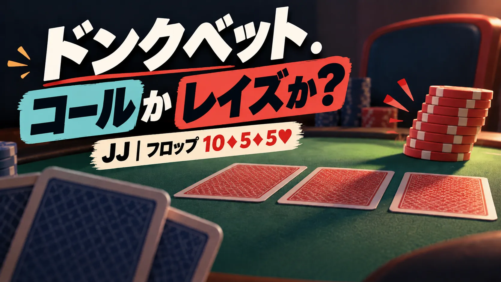 緑のポーカーテーブルに裏向きのカードとチップを配置したドンクベット対策のカバー画像。「コールかレイズか？」と「JJ｜フロップ 10♦5♦5♥」の文字を表示。