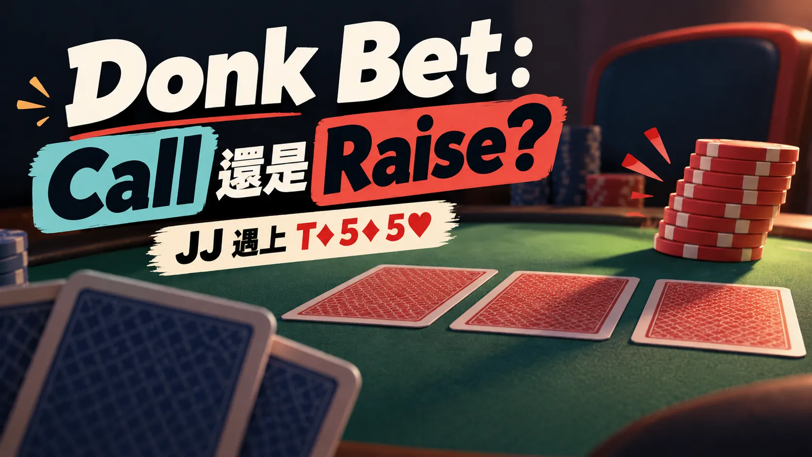 Donk Bet 撲克策略封面，綠色牌桌上擺放背面朝上的撲克牌與籌碼，搭配「Call 還是 Raise？」及「JJ 遇上 T♦5♦5♥」文字。