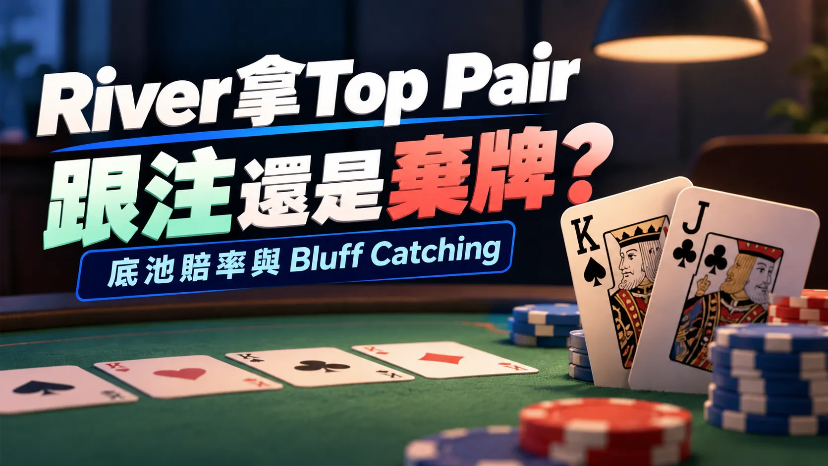 德州撲克River跟注策略封面圖，以K、J撲克牌與籌碼呈現Top Pair該跟注還是棄牌的問題