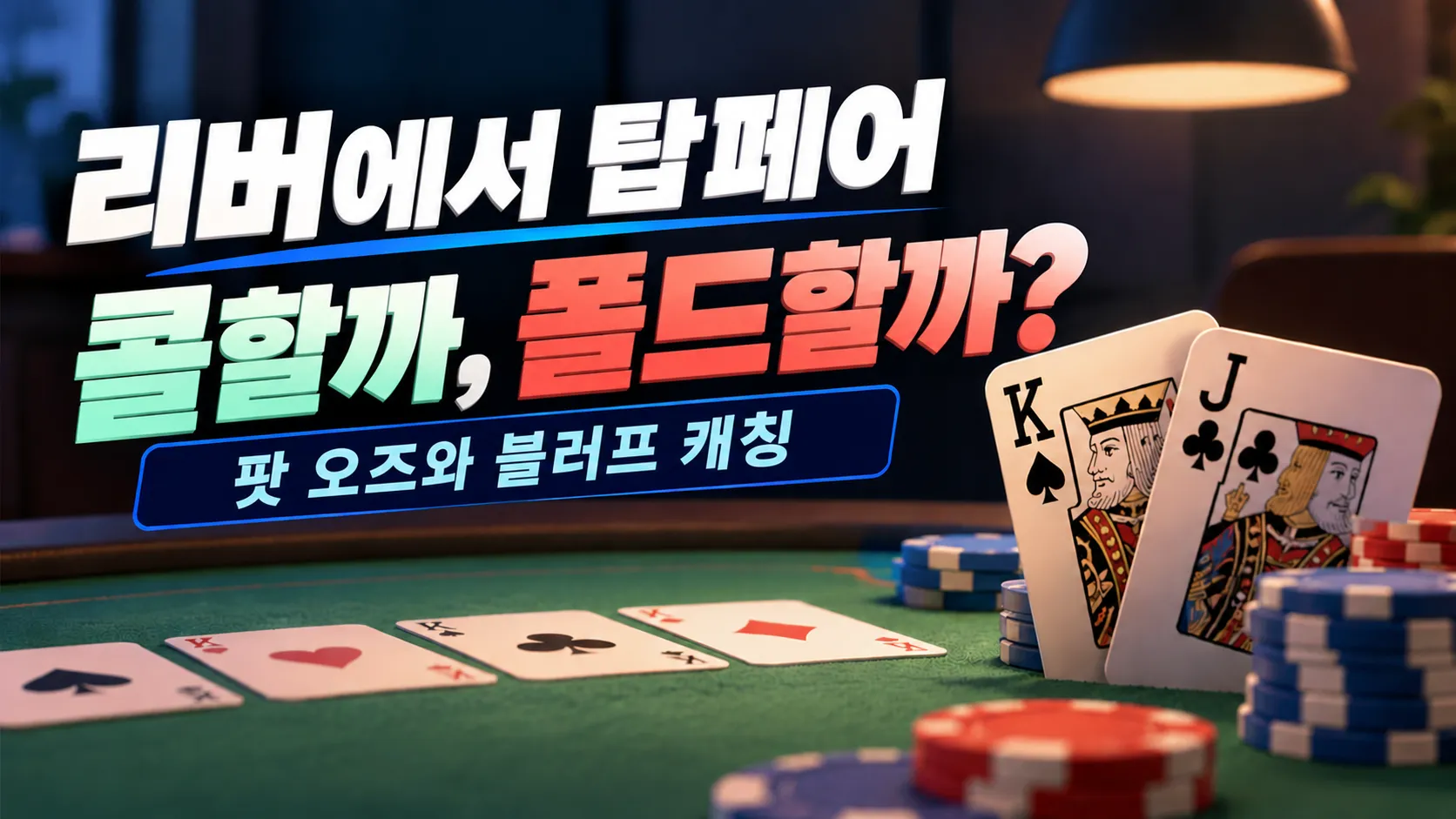 리버에서 탑페어로 콜할지 폴드할지 고민하는 포커 전략 커버 이미지. K와 J 카드, 포커 칩이 배치된 디자인