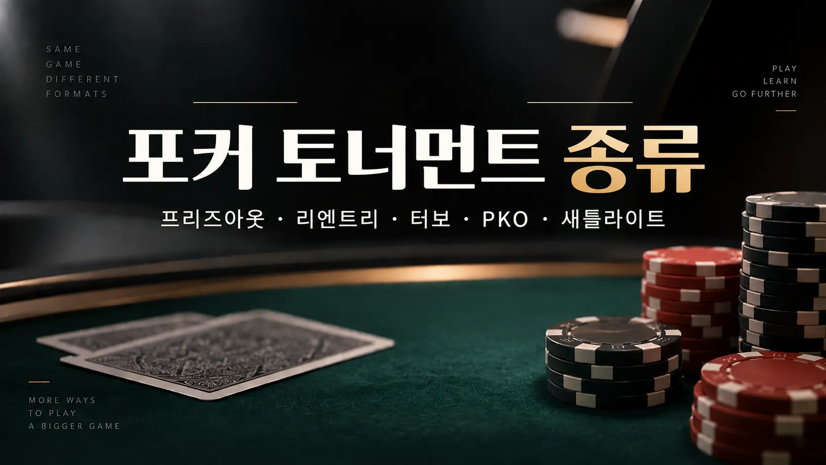포커 토너먼트 종류 가이드 이미지로 프리즈아웃, 리엔트리, 터보, PKO, 새틀라이트 형식을 소개